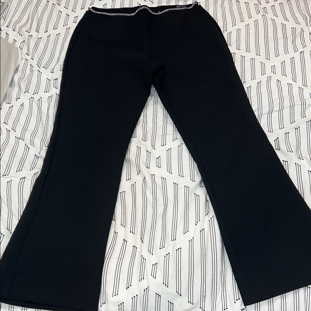 H&M Rhinestone Cutout Waist Crepe Straight Leg Pants